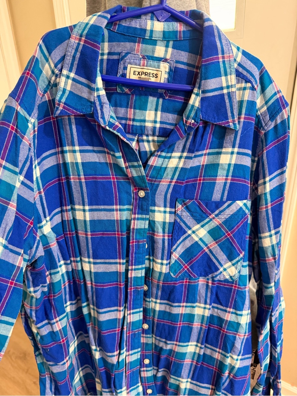 Express Teal and White Plaid Button-Up Shirt with Pink Accents